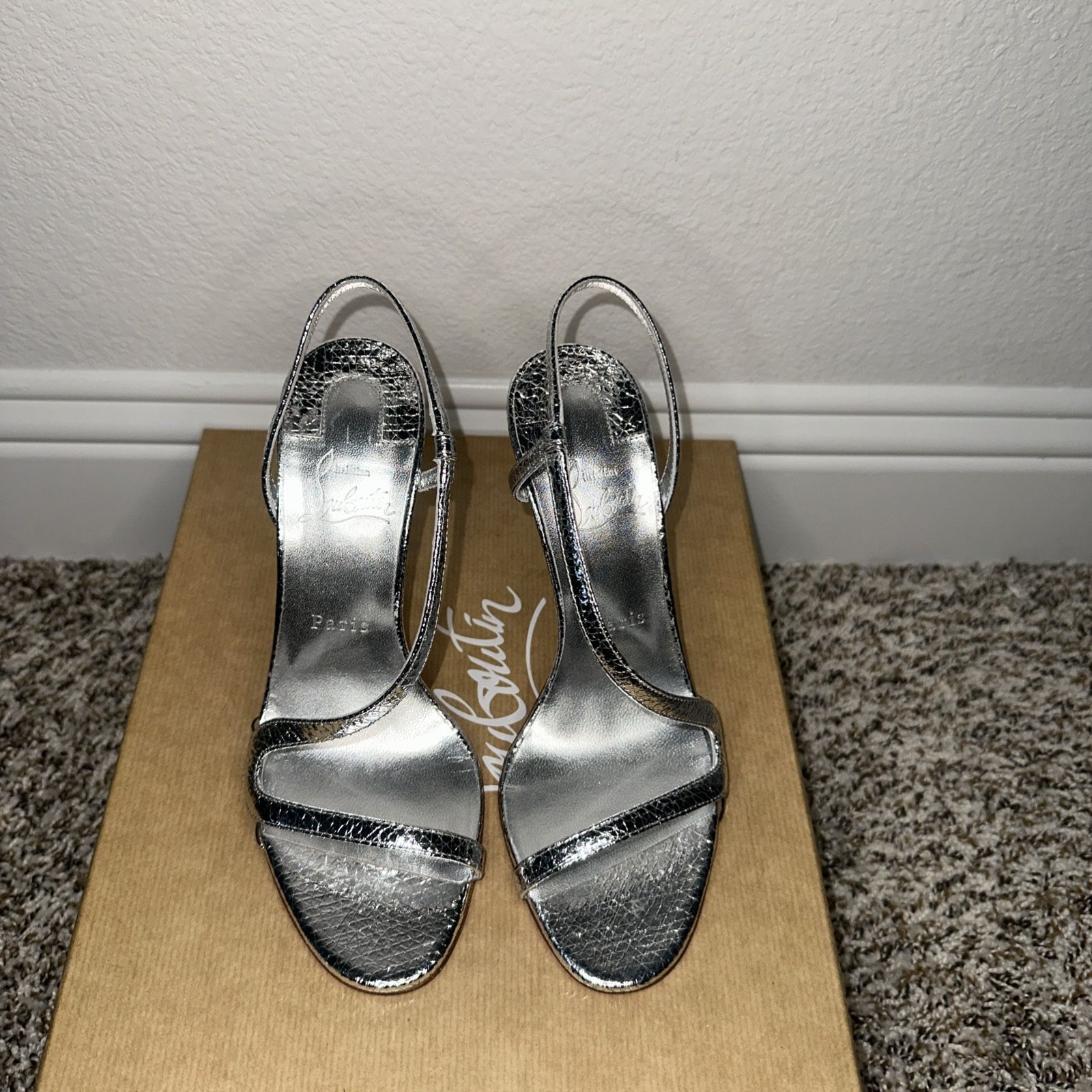 Christian Louboutin ROSALIE 100 Strappy Metallic Sling Heels Shoes Size 37.5/7W
