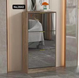 Shoe Storage Cabinet with 3 Flip Down Drawers & Mirrors, Adjustable Shelves , Oak
