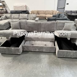 New Large 120” Sectional and TWO STORAGE CHAISE Super Plush Fabric Grey Couch U Shape Gray Color Big Pull Out Sleeper Bed Pullout Sofabed Sofa