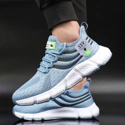 Men's Ice Blue Knit Athletic Sneakers - Lightweight Running & Gym Shoes (Size 42 / US 9)