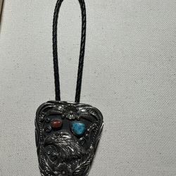 Beautiful Silver, Leather Polo Tie With Turquoise And Coral Stone