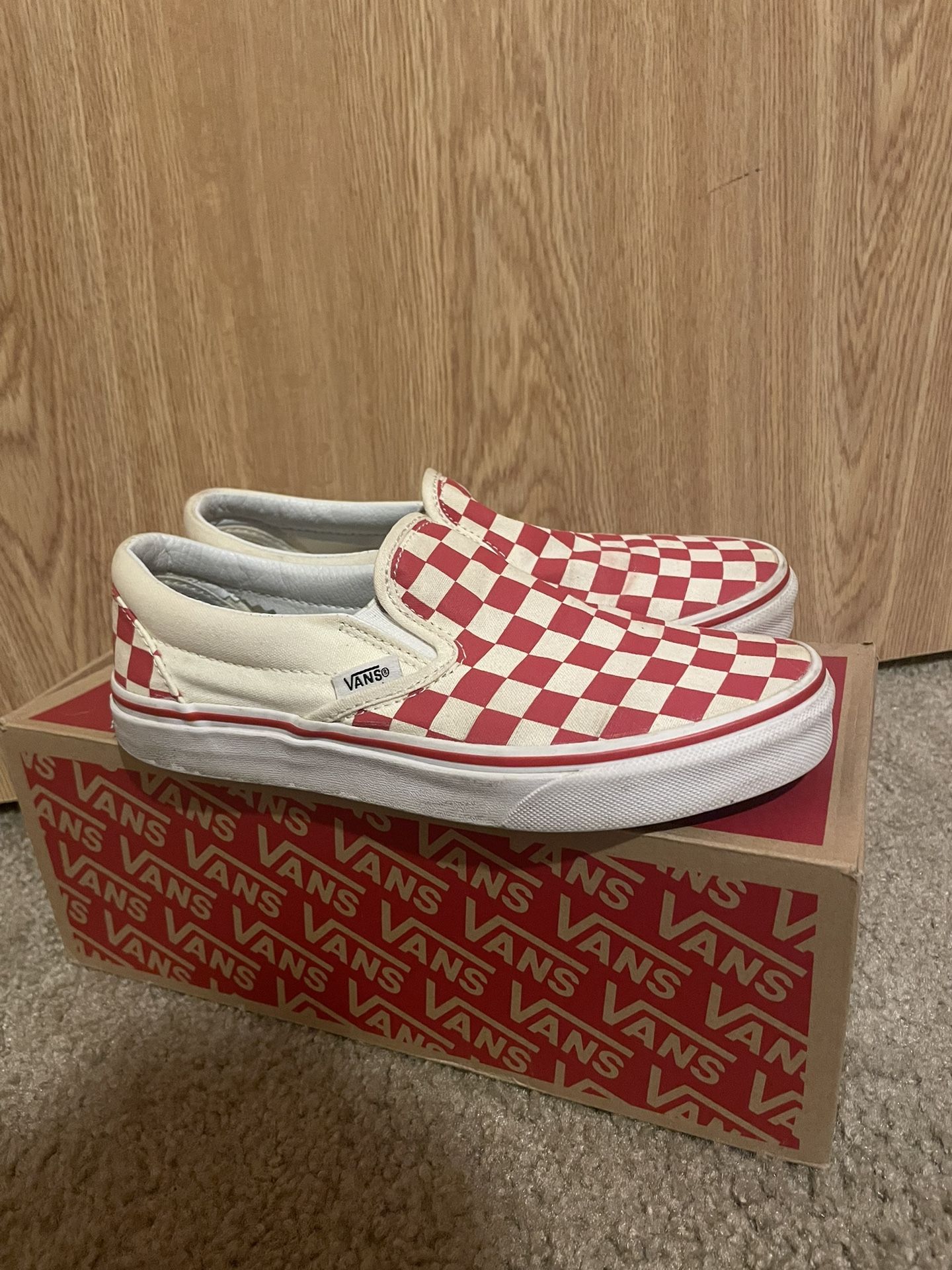 Vans red checkered slip on shoes