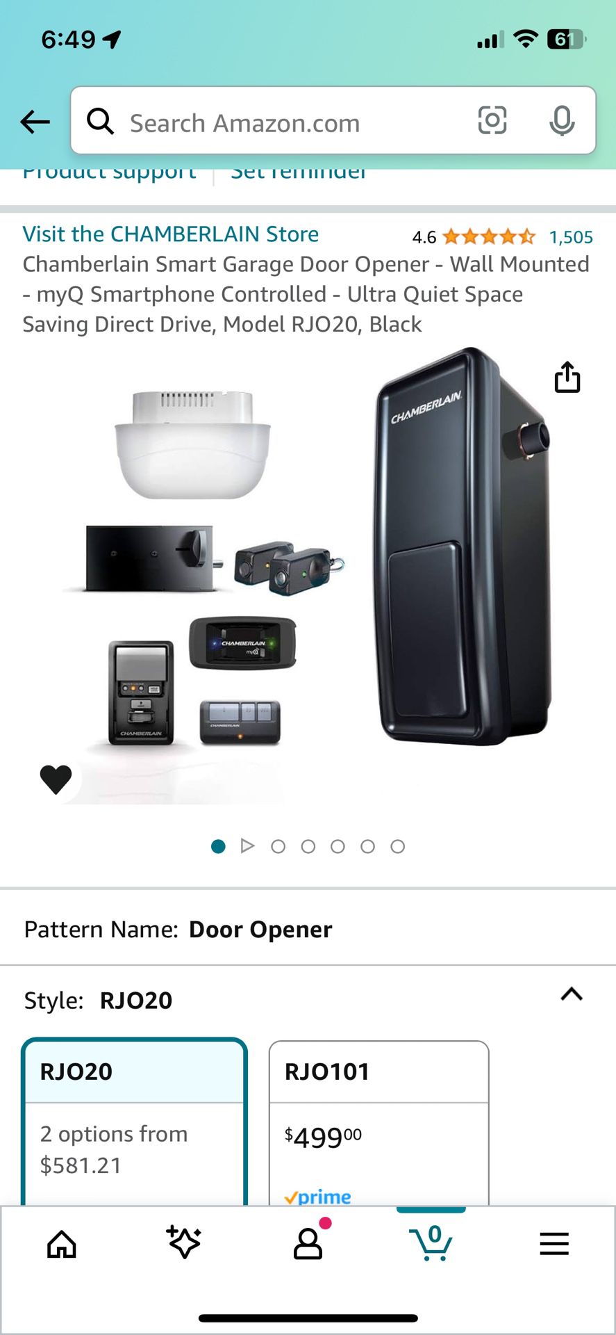 Chamberlain Smart Garage Door Opener - Wall Mounted - myQ Smartphone Controlled - Ultra Quiet Space Saving Direct Drive, Model RJO20, Black