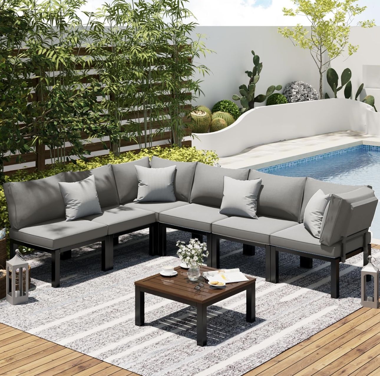 Outdoor Patio Furniture Set, 7 Piece Metal Patio Sectional Conversation Sofa, Black Wrought Iron