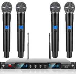 4-Channel Wireless Microphone System, Quad UHF Metal Cordless Mic, 4 Handheld Mics, Long Distance150-200Ft, Fixed Frequency, 16 Hours Use for Karaoke 