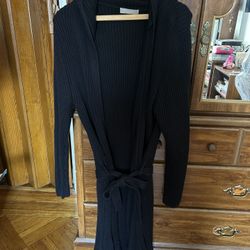 Black Ribbed Knit Hooded Cardigan Dress with Belt