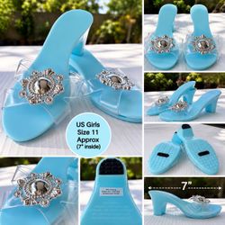Girls Blue Jelly Clear Strap Rhinestone Heeled Sandals Size 11 Approx