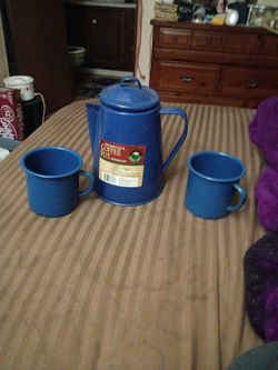 blue enamelware camping coffee percolator set.