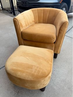 Yellow velvet accent chair with ottoman