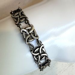 925 Sterling Silver Celtic Knot Link Bracelet Oxidized Vintage Panel Design