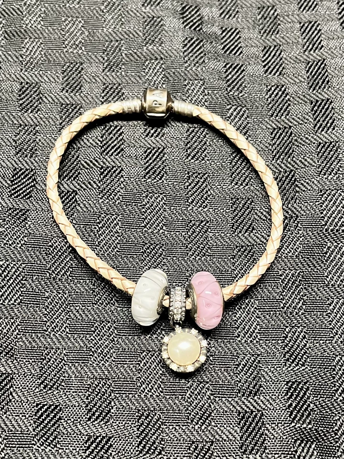 Pandora Leather 925 Bracelet with a Pearl Charm and 2 Murano Glass Bead Charms (3 Charms)