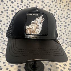 Black Leather Lone Wolf Trucker Cap 