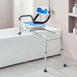 320*Sliding Bathtub Transfer Bench with 360-Degree Swivel Seat, Adjustable Height, Armrests and Safety Belt, Non-Slip Swivel Shower Chair for the Elde