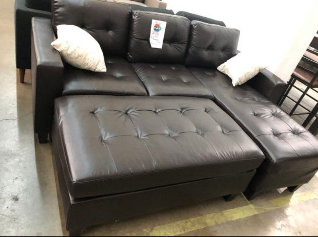 Brand New Espresso Color Bonded Leather Sectional Sofa +Ottoman (New In Box) 