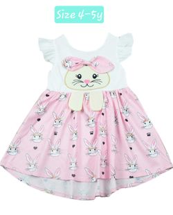 Toddler  Girl's Easter Dresses Flutter Sleeve Rabbit Bunny Print Dress Outfit Size 4y-5y