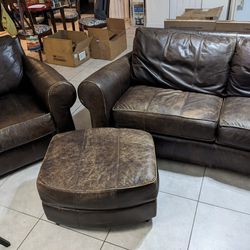Leather Sofa + Armchair + Ottoman 