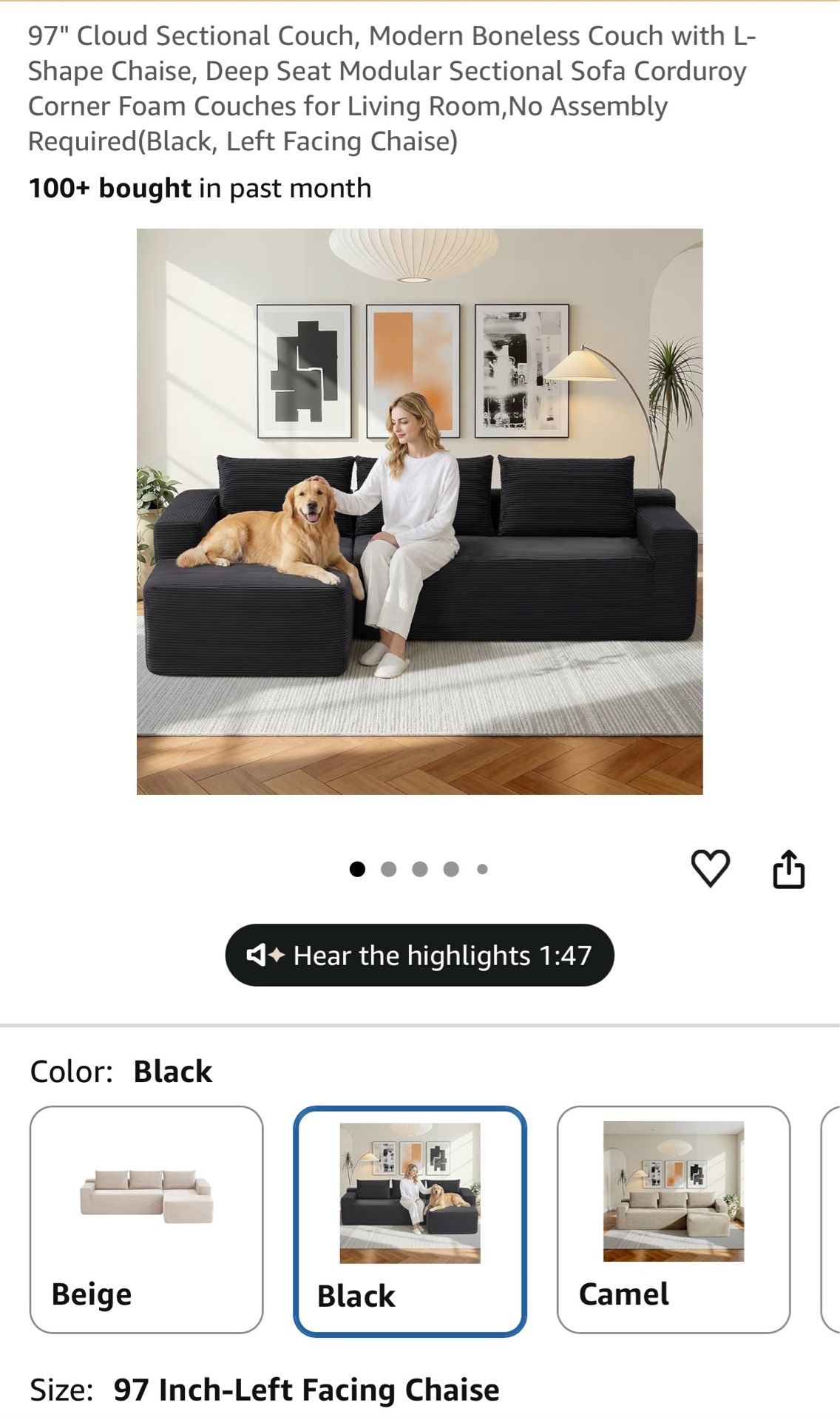 97” black boneless couch