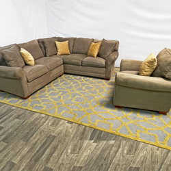 ( Delivery Available ) Raymour and Flanigan Olive Green Sectional Couch and Chair Set