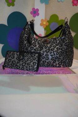 Vintage Coach Leopard Print Metallic Silver Hobo Bag and Matching Wallet Set