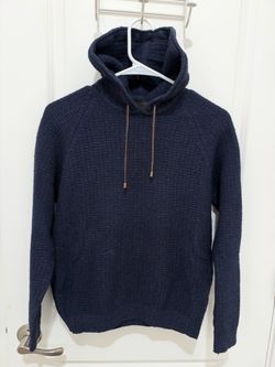 Massimo Dutti Mens Hooded Sweater Navy Wool Silk L Waffle Knit