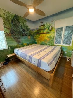 King Size Wood Bed Frame + Mattress + Storage Drawers + Side Shelves