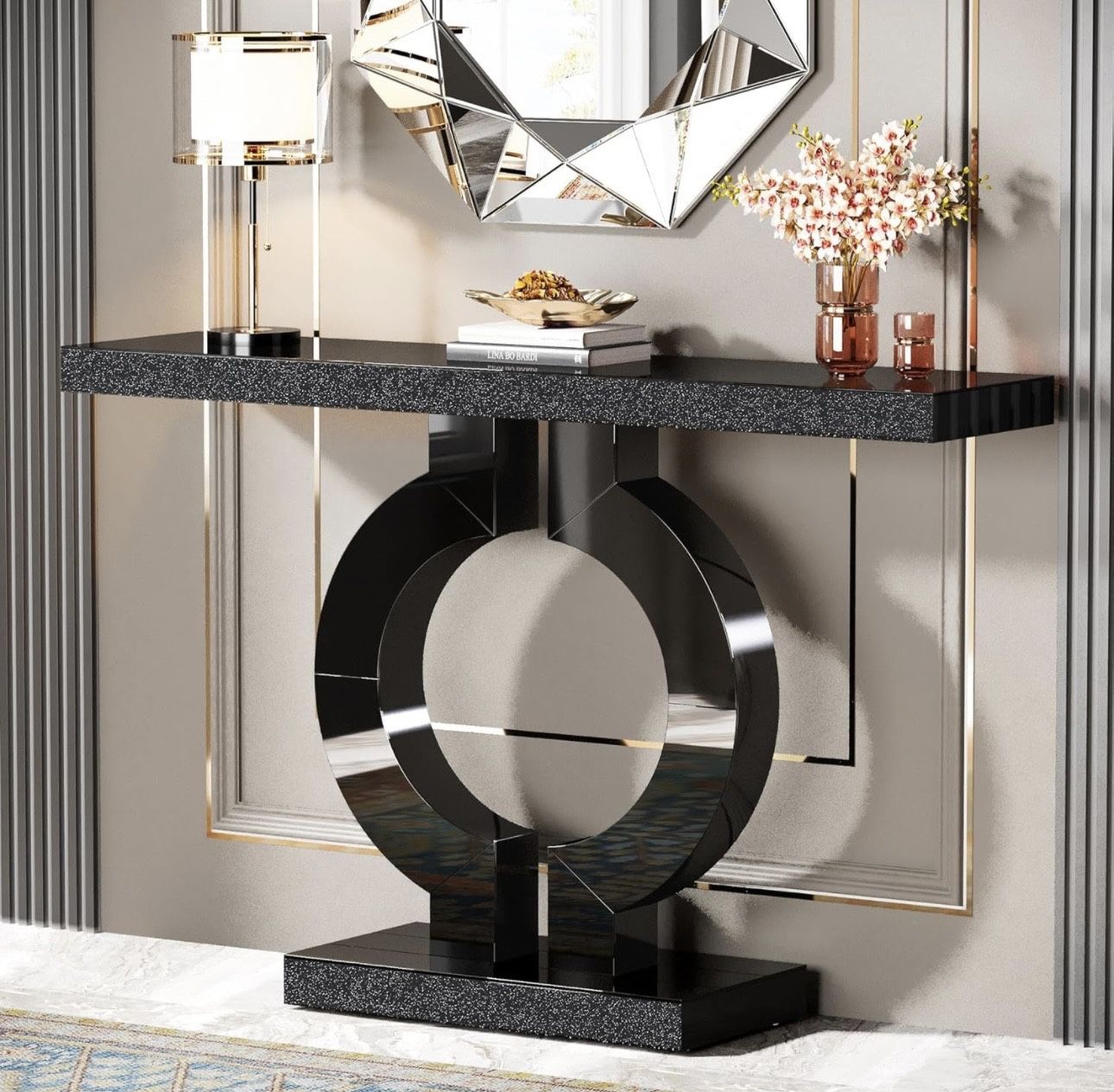 New assembled NY269 43-Inch Mirrored Console Table with O-Shaped Base, Modern Entryway Table Glass Sofa Table with Mirror Finish, Rectangle Narrow Acc