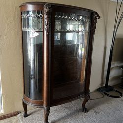 Antique Oak China Cabinet, Curved Glass , Carved Lion Head And Feet