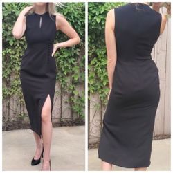 Tahari Classics Black Lined Keyhole Neck Sleeveless Front Slit Midi Dress Size 2