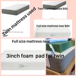 1 Twin Mattres Used & 1 Full Size Mattress New & 3inch Foam For Twin Mattress