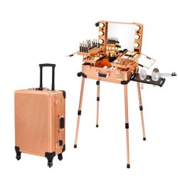Aluminum Trolley Makeup Train Case with LED Lights Professional Cosmetic Organizer Studio with Speaker, Wheels and Stands Rolling Lighted Makeup Vanit