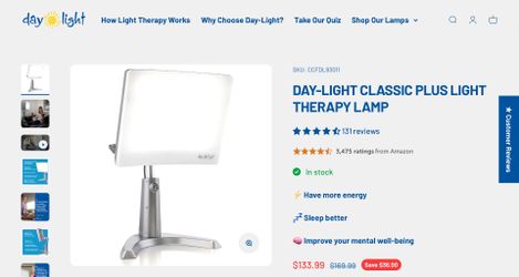 Day-Light Classic Plus Sunlight Therapy Lamp - 10000 LUX Therapy Lamp at 12 Inches, LED Bright White Light with Adjustable Height and Brightness