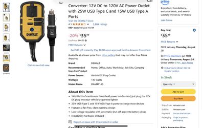 DEWALT DXAEPI140 Power Inverter 140W Car Converter: 12V DC to 120V AC Power Outlet with 25W USB Type