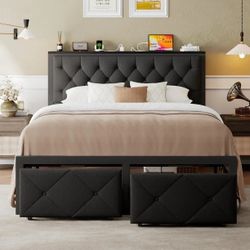 Full Bed Frame with Storage Drawer, Metal Platform Bed with Charging Station, Upholstered Button Tufted Storage Headboard, Black