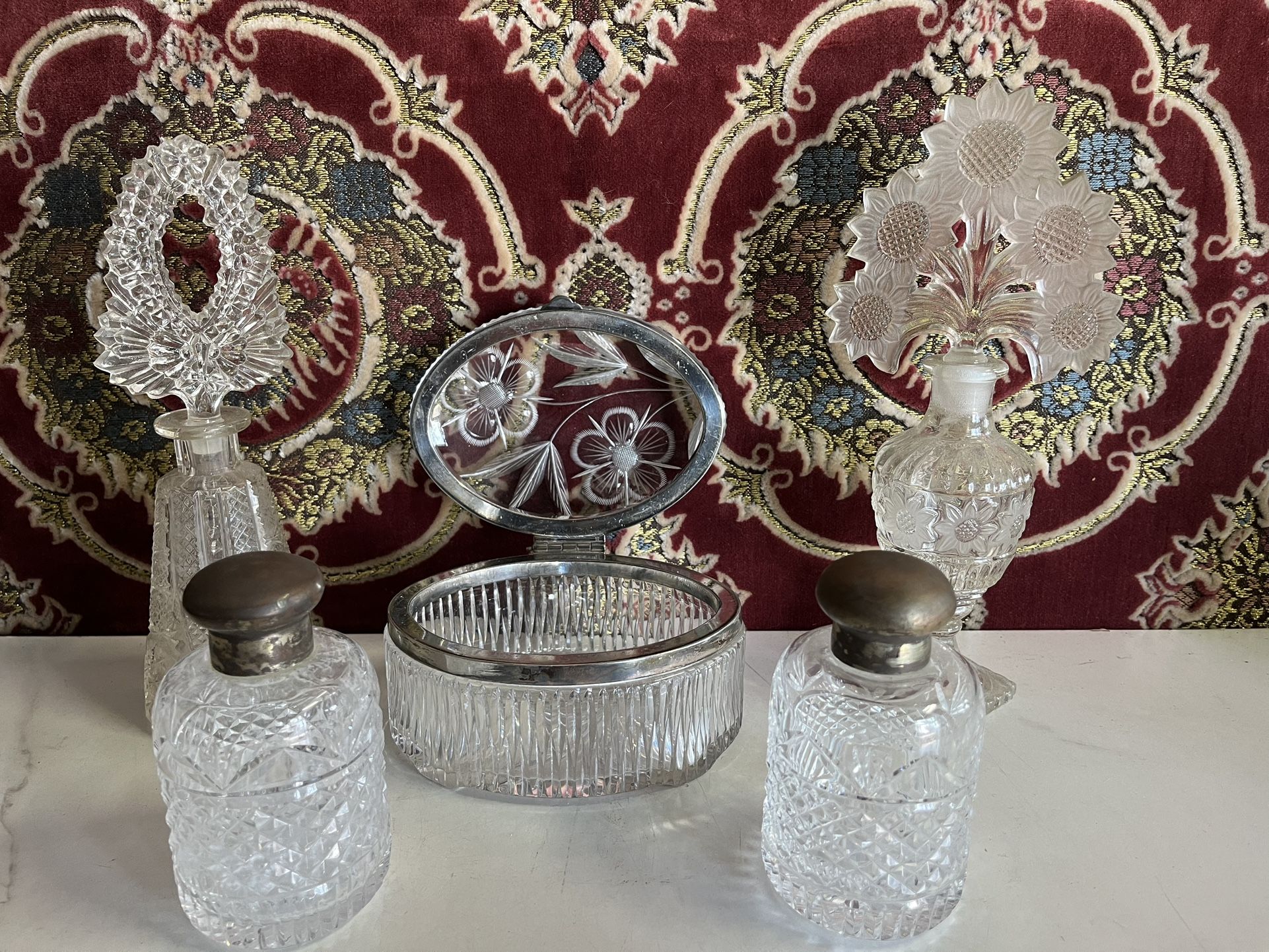 Vintage Cut Crystal Dresser Box, Jars (Silver Tops) Perfume Bottles