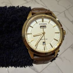 Citizen Eco-Drive Corso Gold Tone Brown Leather Mens Watch – Day-Date – Like New