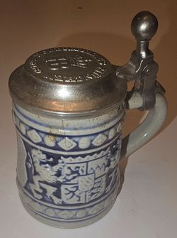 Vintage Glazed Cobalt Blue STAFFEL STONEWARE Mug Stein w/ Pewter LID ~ GERMANY
Without Lid About 5.5" Tall = 13.5 cm 
Looks Great - No Chips or Cracks