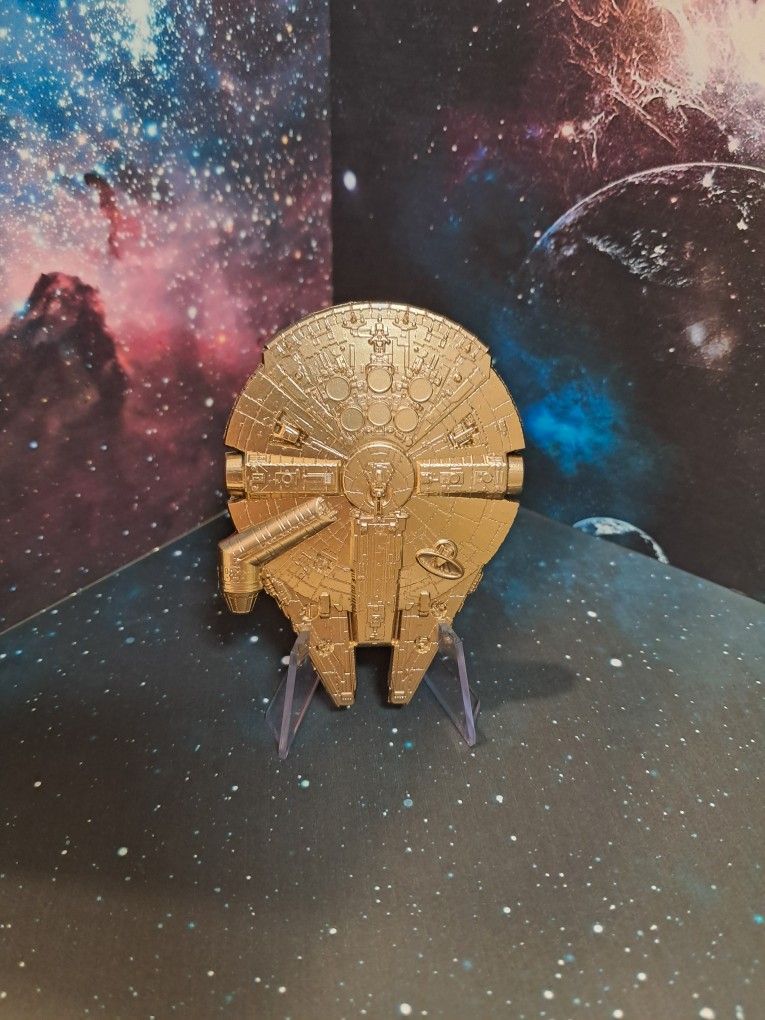 Star Wars Millennium Falcon - Gold Tone Challenge Coin W/ Stand & Shadow Box