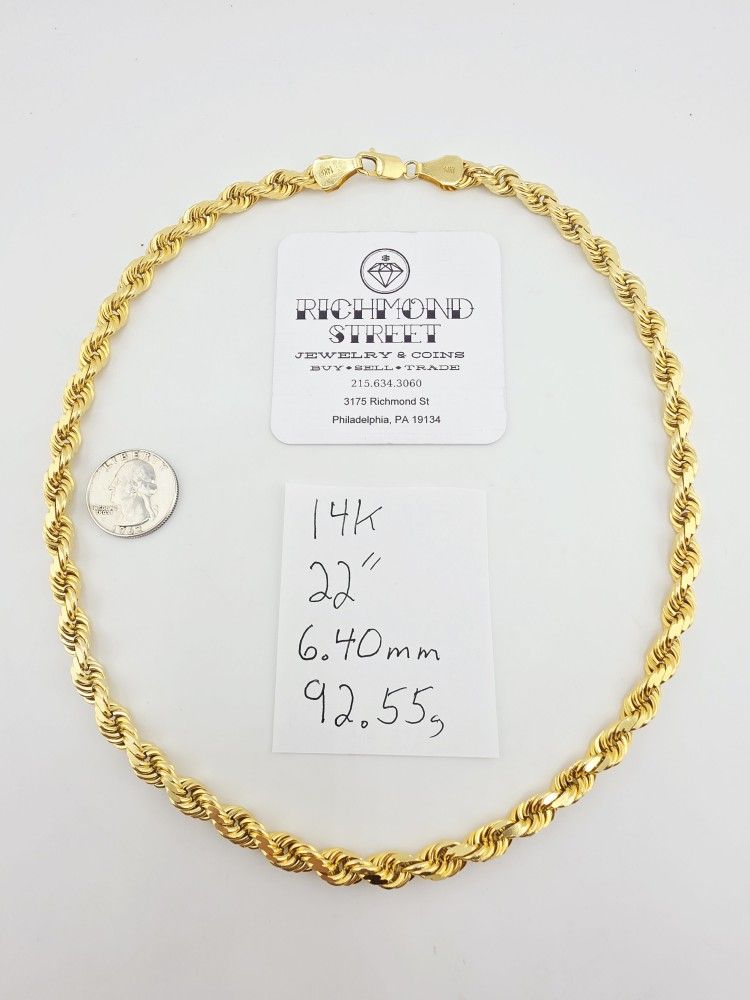 14k gold 22" 6.4mm diamond cut rope chain