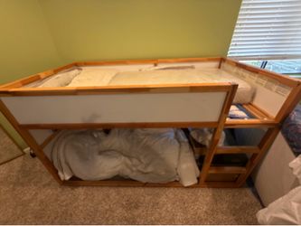 Twin Loft Bed Frame with Ladder, Solid Wood, Brown/White, Kids Teens