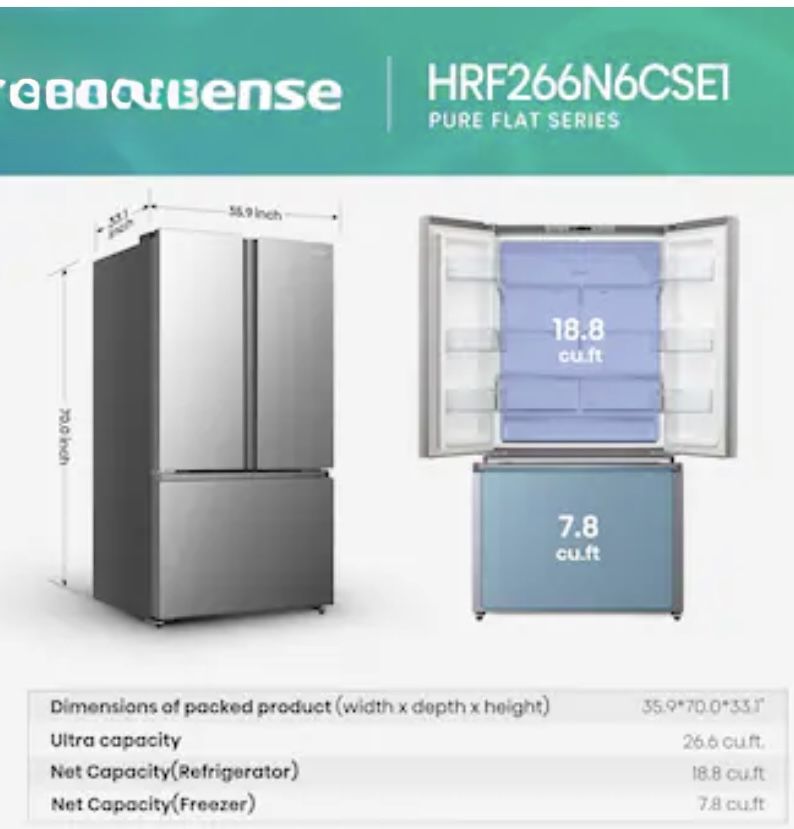 Hisense PureFlat Standard-Depth 26.6-cu ft 3 -Door 36-in Wide French Door Refrigerator with Ice Maker with Water Dispenser
