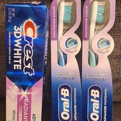 Oral Care Bundle: Crest 3D White Toothpaste & (2) Oral-B Toothbrushes, Soft