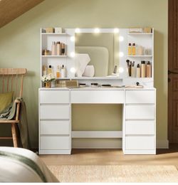 Vanity Desk with Mirror and 9 LED Bulbs, Modern Vanity Makeup Table with Power Outlets, Dressing Table with 9 Drawers, for Bedroom, Cloud White URDT14