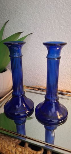 7 inch tall vtg blue glass candlesticks