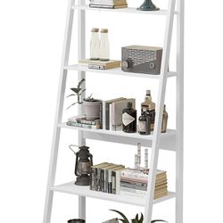5-Tier Ladder Shelf Bookcase Leaning Bookshelf WHITE Wooden Frame Decor Modern Bookshelf Storage