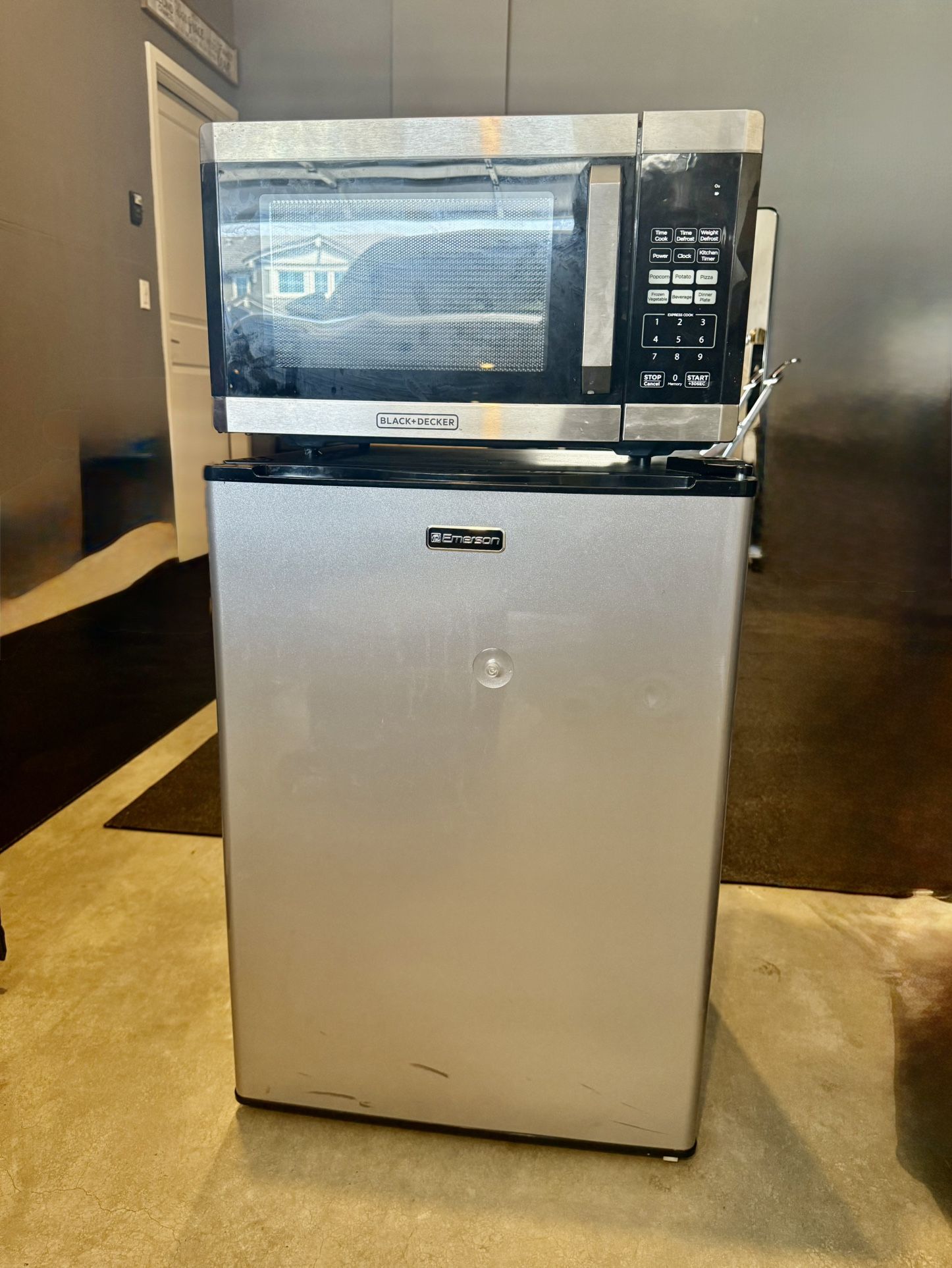 Black+Decker Microwave and Emerson Mini Fridge