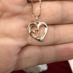 Sterling Silver Sister Pendant Necklace Heart In Heart ,16” Chain