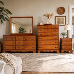 BEAUTIFUL  Vintage Bassett Solid Wood Bedroom Set – Dresser, Mirror, Chest & Nightstand