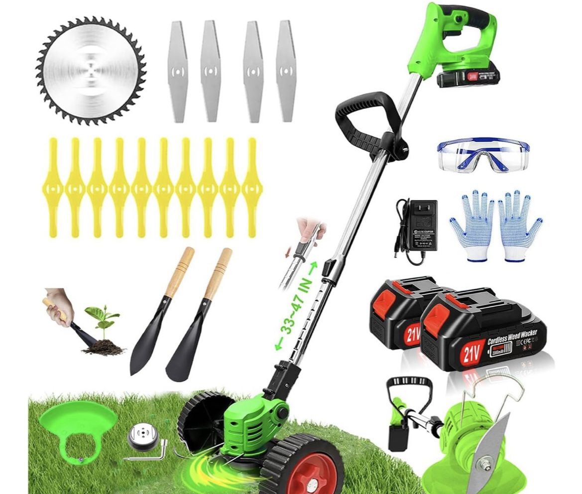 Electric Weed Wacker Eater Cordless Battery Powered, Weed Trimmer 21V Lightweight No-String with 2 Battery Operated & Wheels, 3 in 1 Stringless Grass 