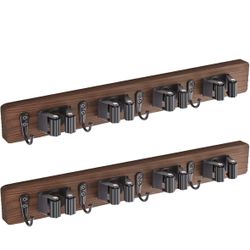 2-2 2 Pack Mop Broom Holder Wall Mount - Wood Broom Mop Hanger - Wall Mounted Garden Tool Rack Organizer for Closet Garage Laundry Room Farmhouse Rust