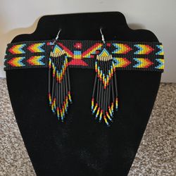 Handmade Native Inspired Black Multicolored Chocker Necklace And Earrings Set